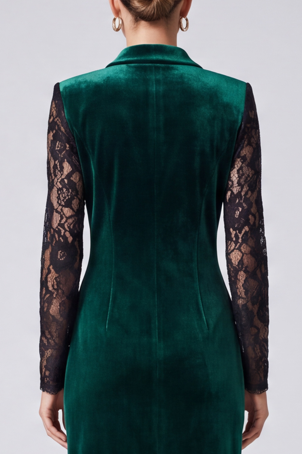 Velvet Dark Green Sheath Peak Lapel Midi Work Dress with Lace