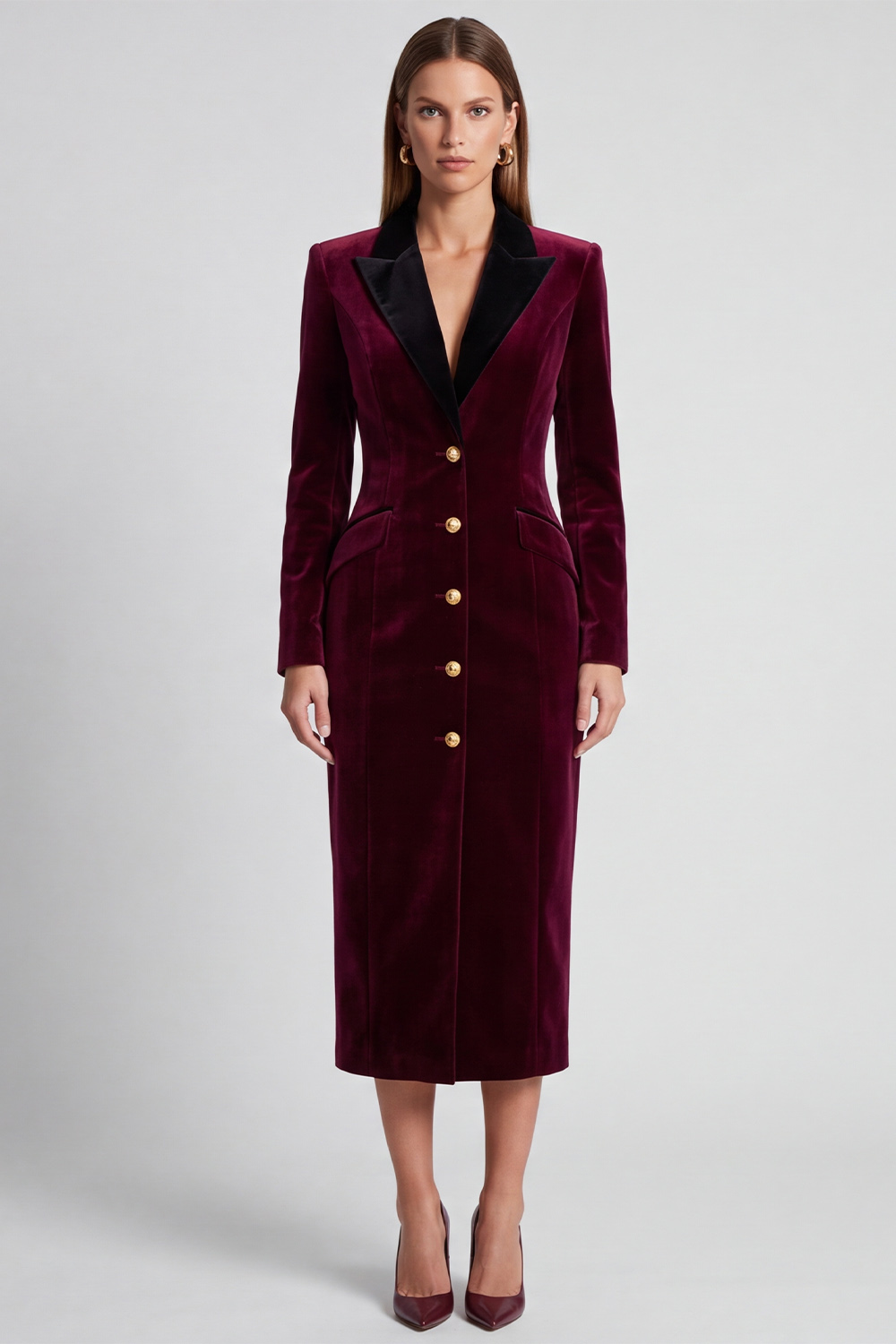 Velvet Burgundy Bodycon Peak Lapel Midi Work Dress with Sleeves