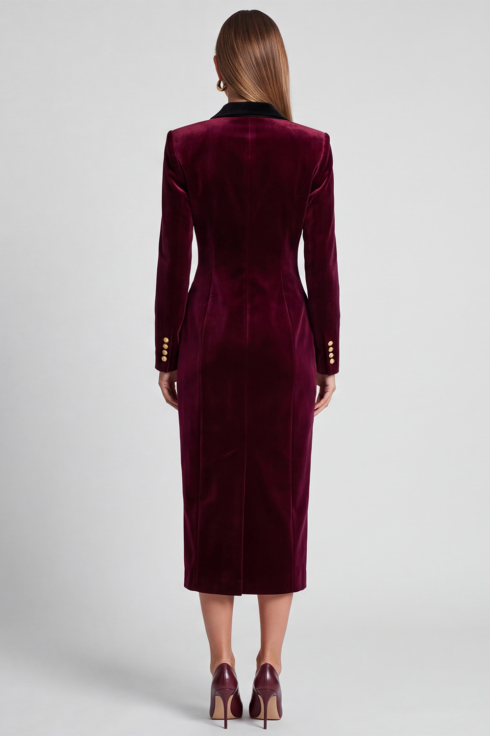 Velvet Burgundy Bodycon Peak Lapel Midi Work Dress with Sleeves