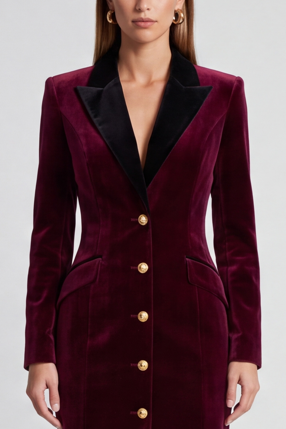 Velvet Burgundy Bodycon Peak Lapel Midi Work Dress with Sleeves
