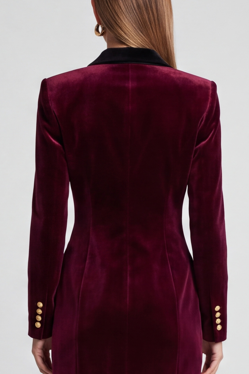 Velvet Burgundy Bodycon Peak Lapel Midi Work Dress with Sleeves