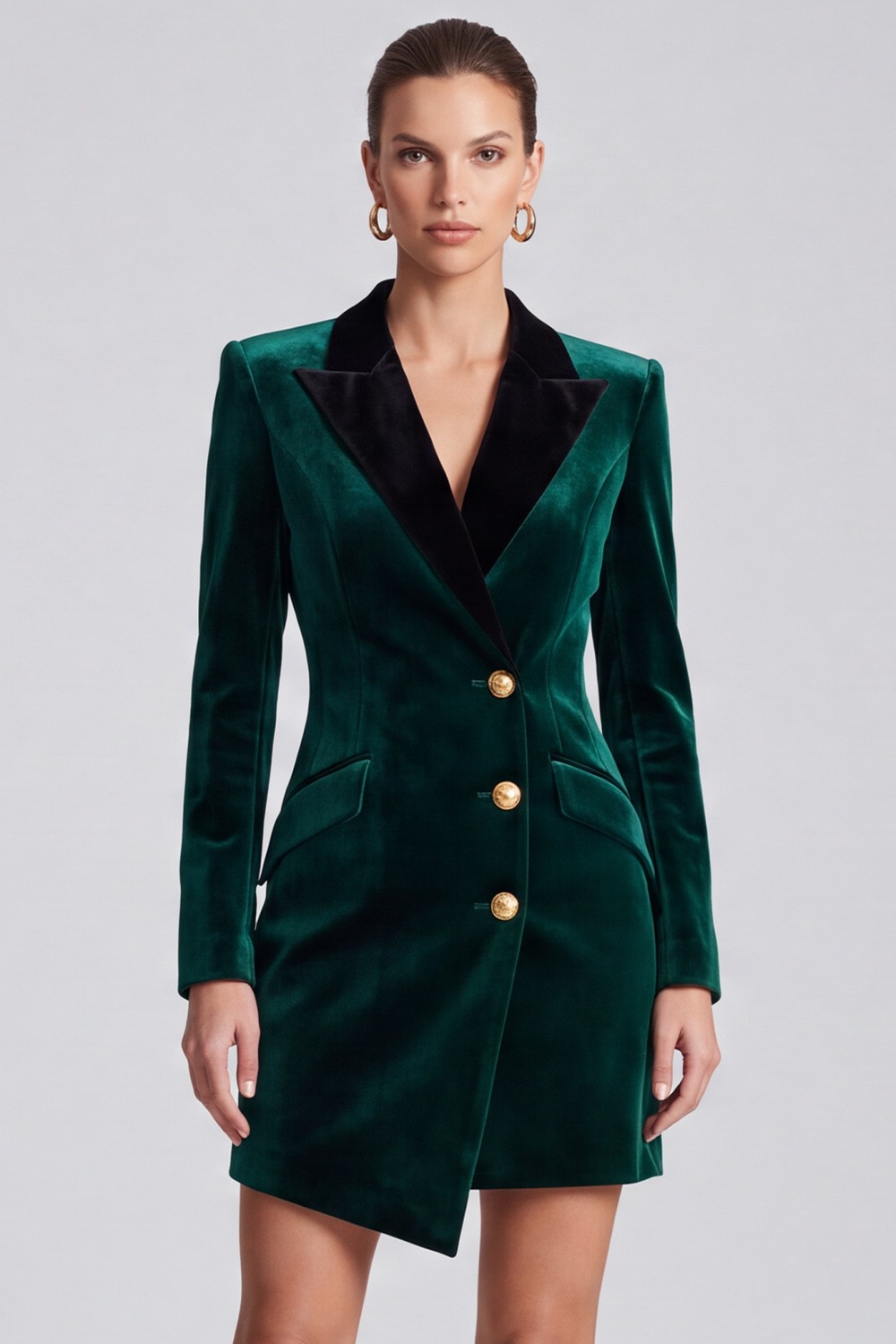 Velvet Dark Green Bodycon Peak Lapel Short Asymmetrical Work Dress with Sleeves
