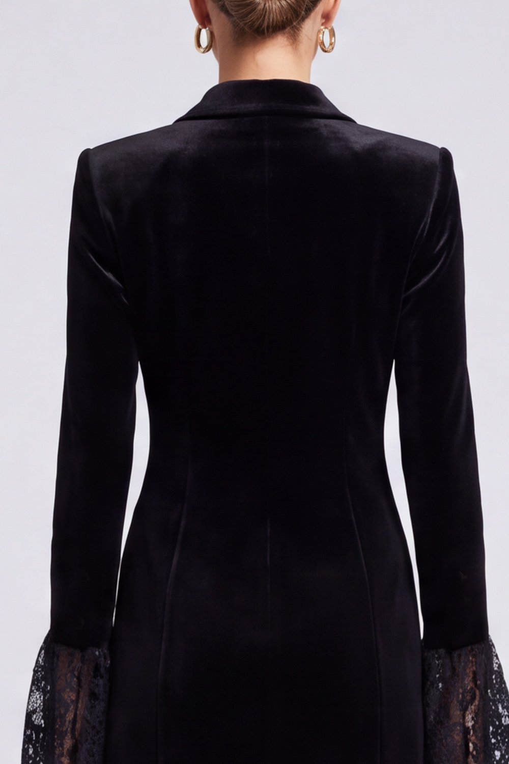 Velvet Black Tight Double Breasted Peak Lapel Short Work Dress with Lace