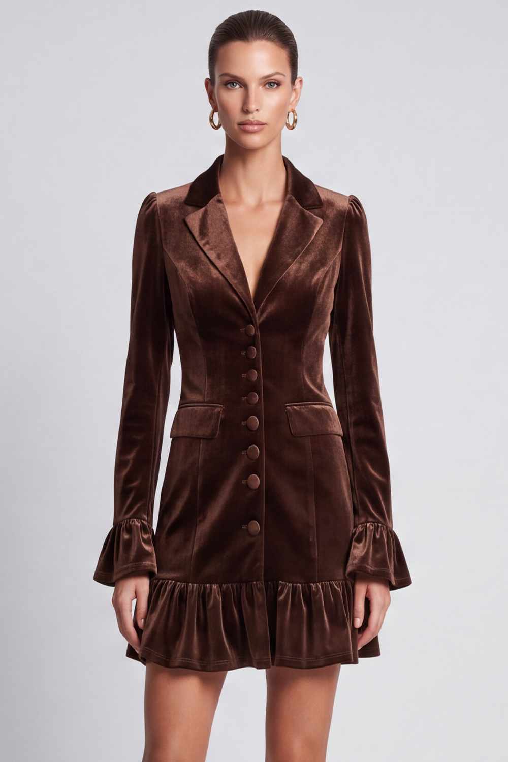 A Line Dark Brown Ruffled Notched Lapel Short Work Dress with Sleeves