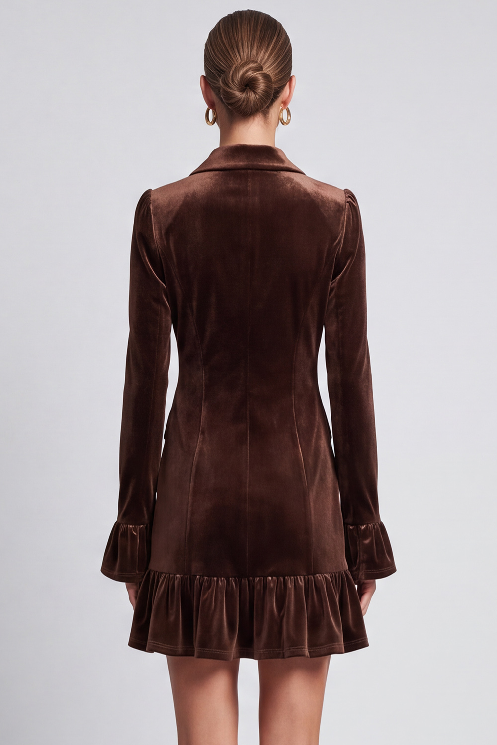 A Line Dark Brown Ruffled Notched Lapel Short Work Dress with Sleeves