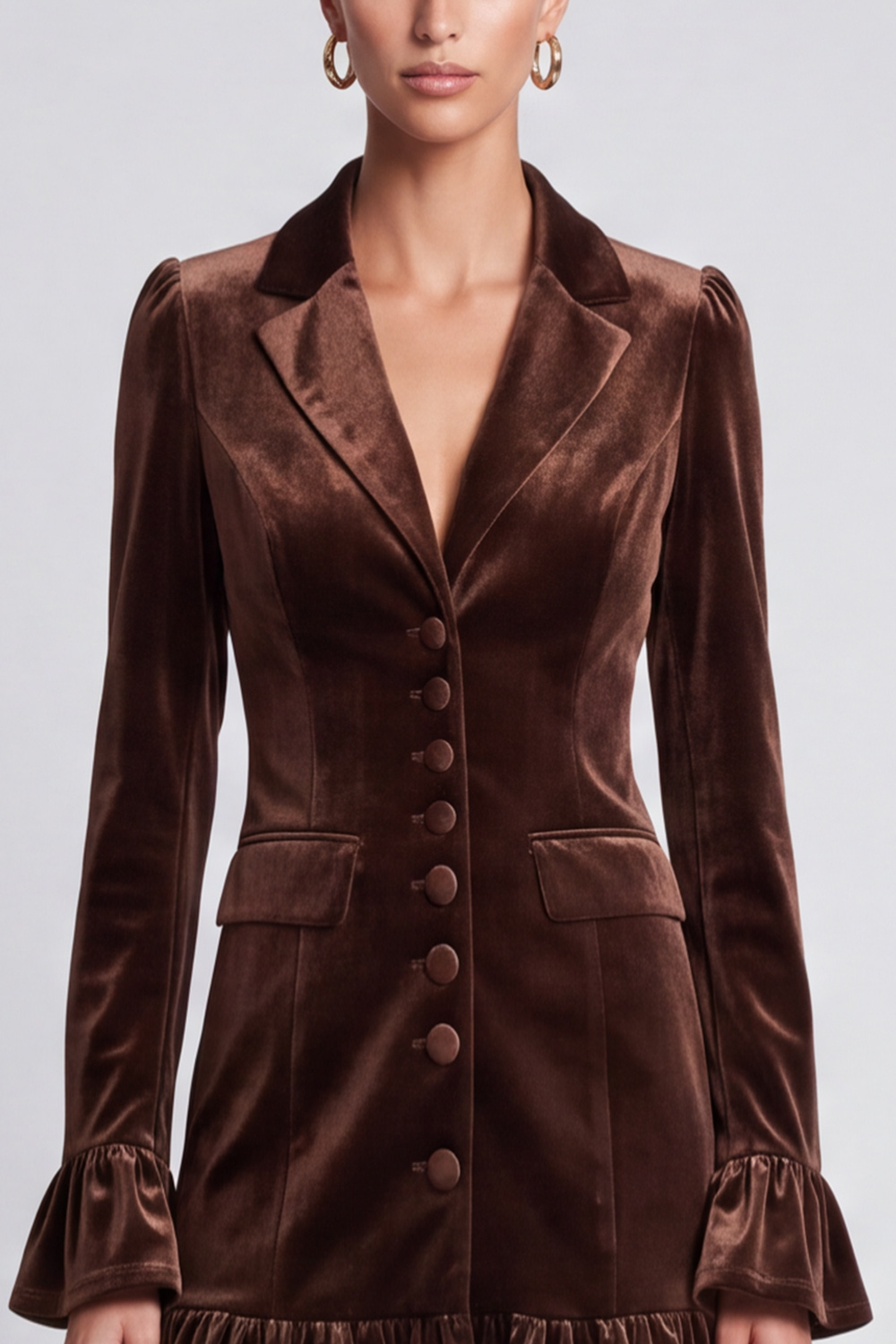 A Line Dark Brown Ruffled Notched Lapel Short Work Dress with Sleeves