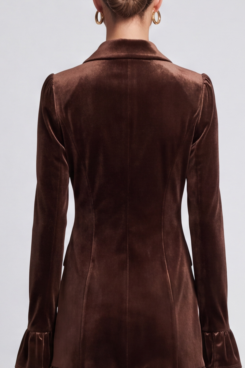 A Line Dark Brown Ruffled Notched Lapel Short Work Dress with Sleeves