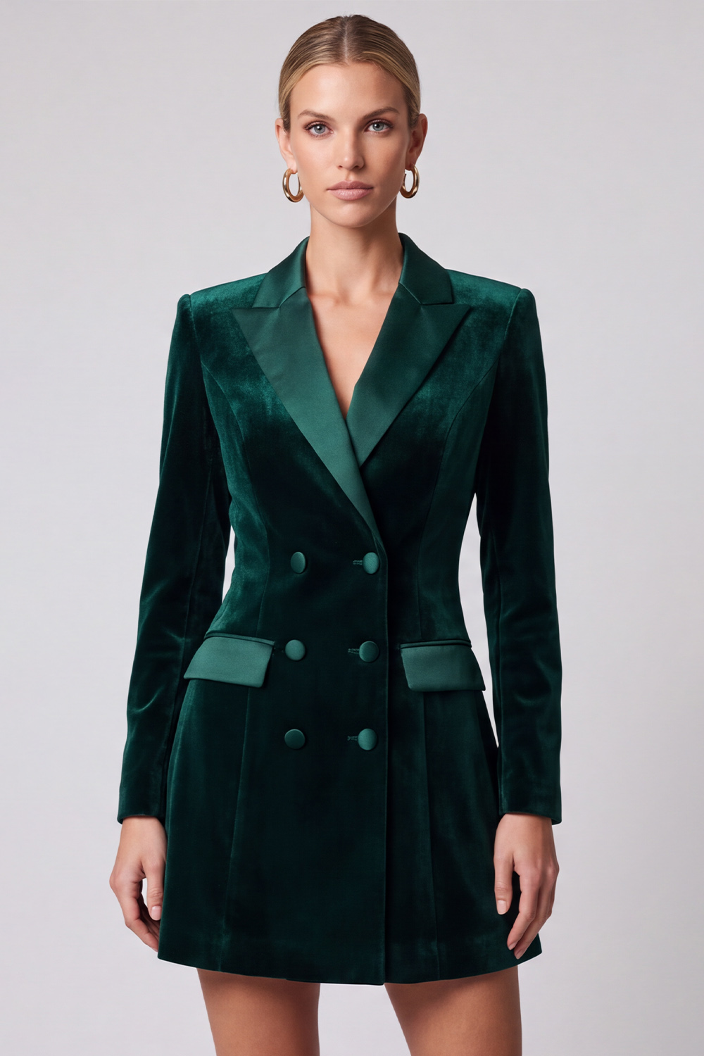 Dark Green Velvet A Line Double Breasted Peak Lapel Short Work Dress 