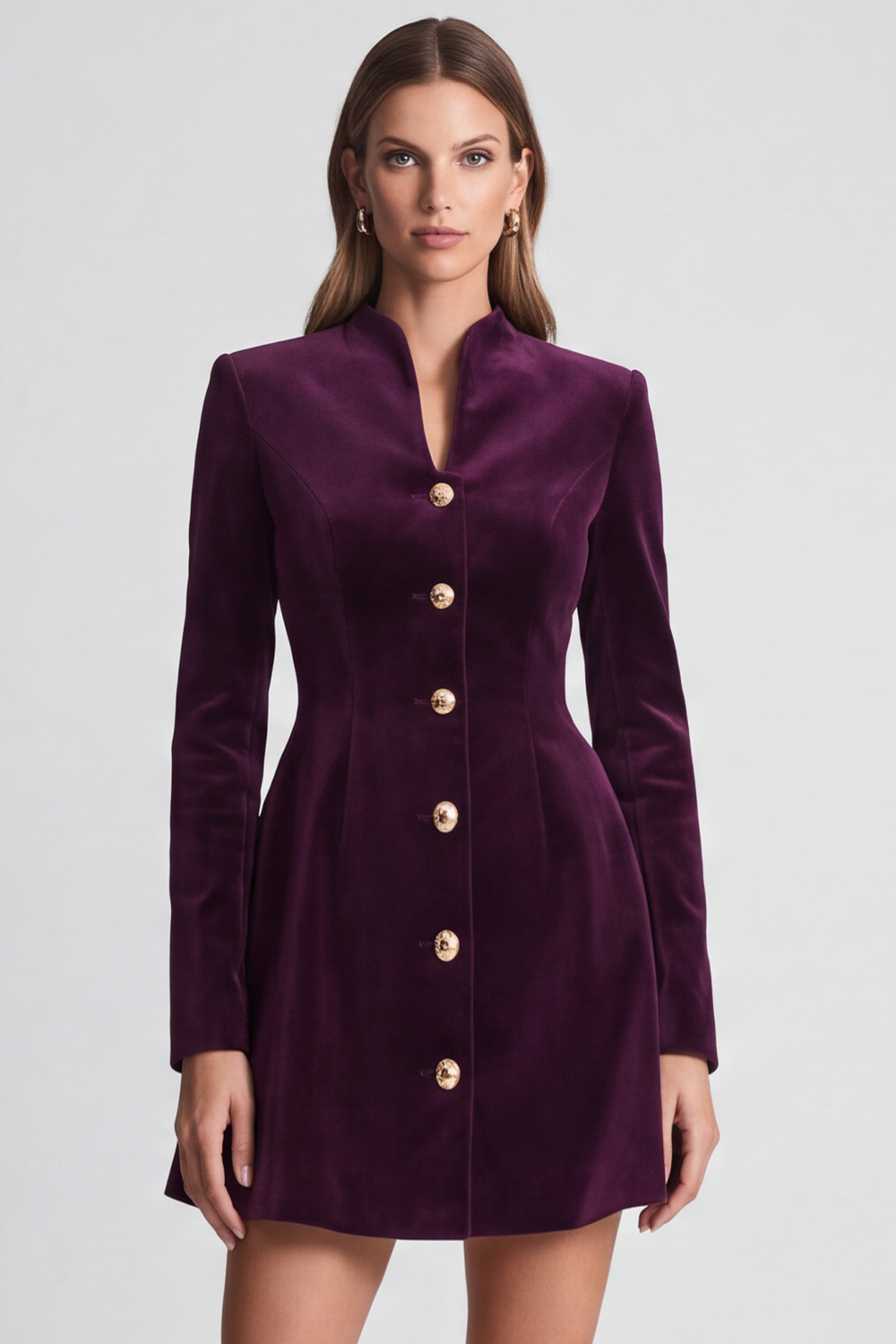 A Line Plum Velvet V-Neck Short Work Dress with Sleeves 