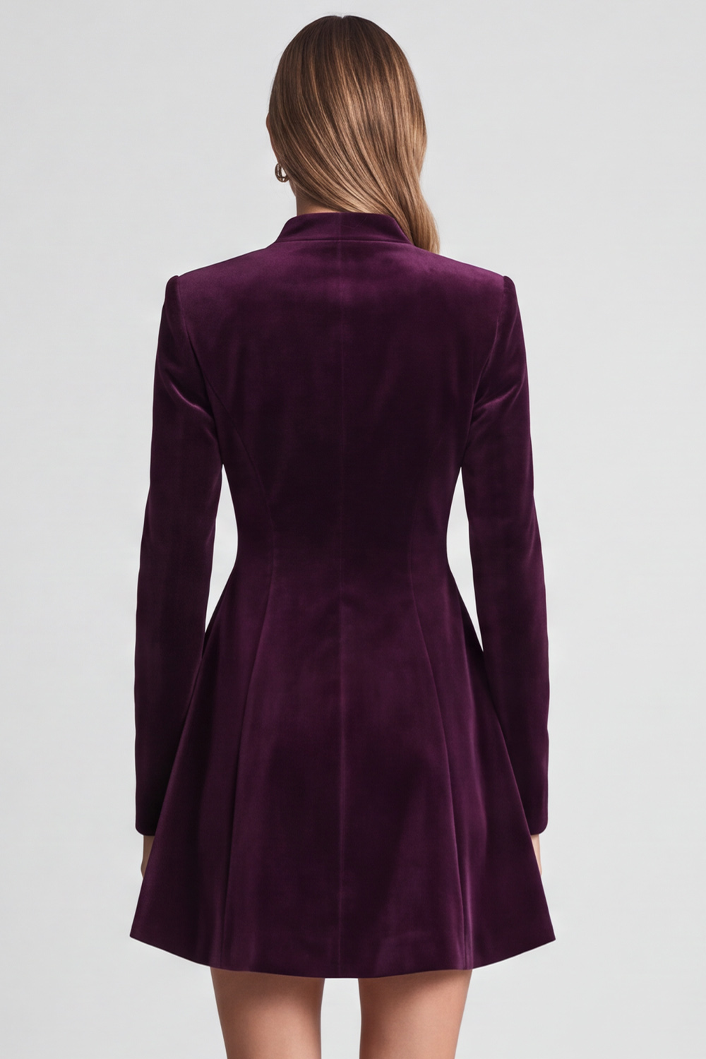 A Line Plum Velvet V-Neck Short Work Dress with Sleeves 