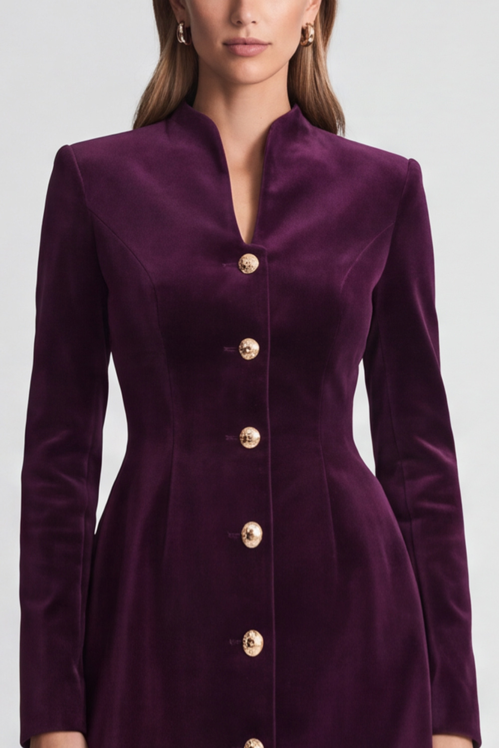 A Line Plum Velvet V-Neck Short Work Dress with Sleeves 