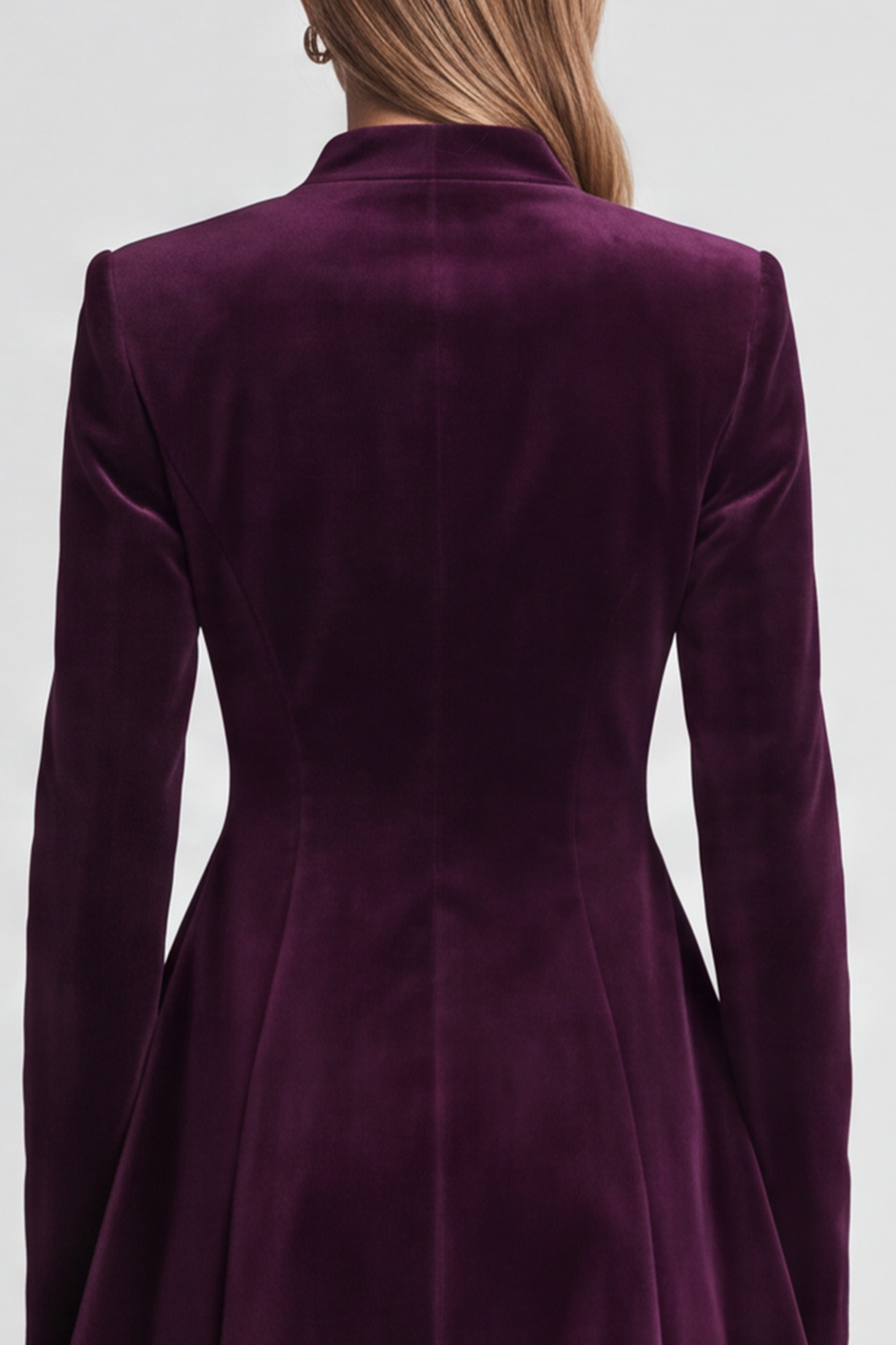 A Line Plum Velvet V-Neck Short Work Dress with Sleeves 