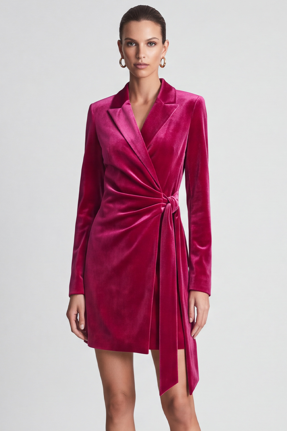 Velvet Fuchsia Tight Ruched Peak Lapel Short Work Dress with Sash