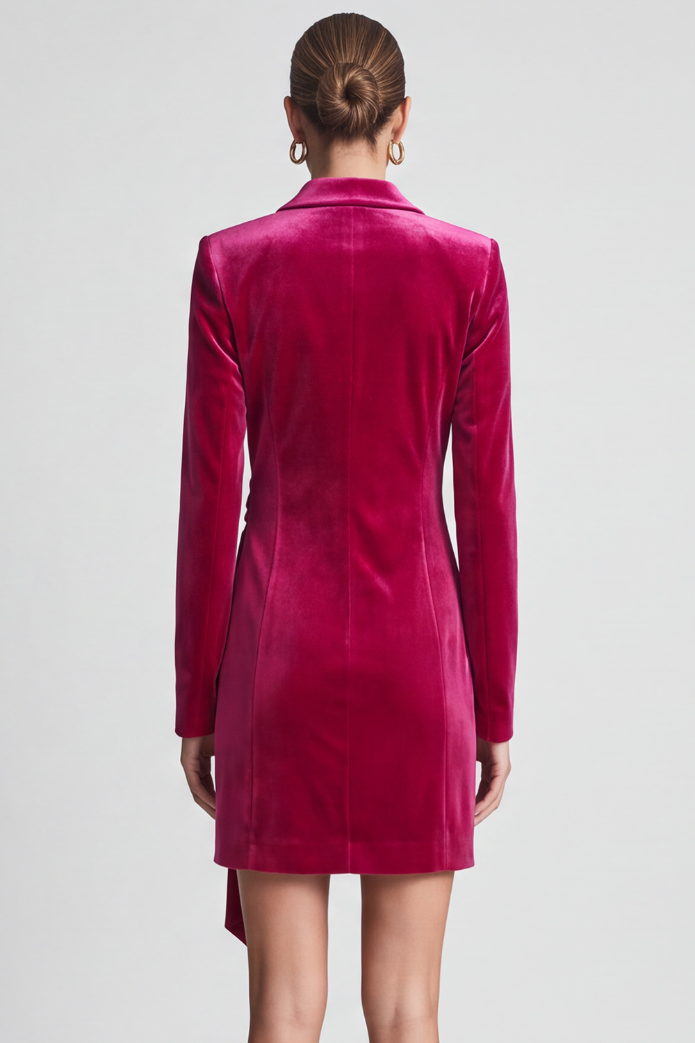 Velvet Fuchsia Tight Ruched Peak Lapel Short Work Dress with Sash