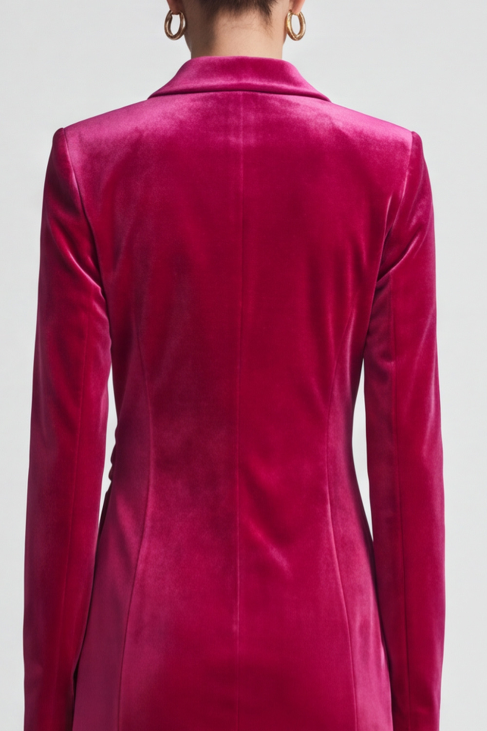 Velvet Fuchsia Tight Ruched Peak Lapel Short Work Dress with Sash