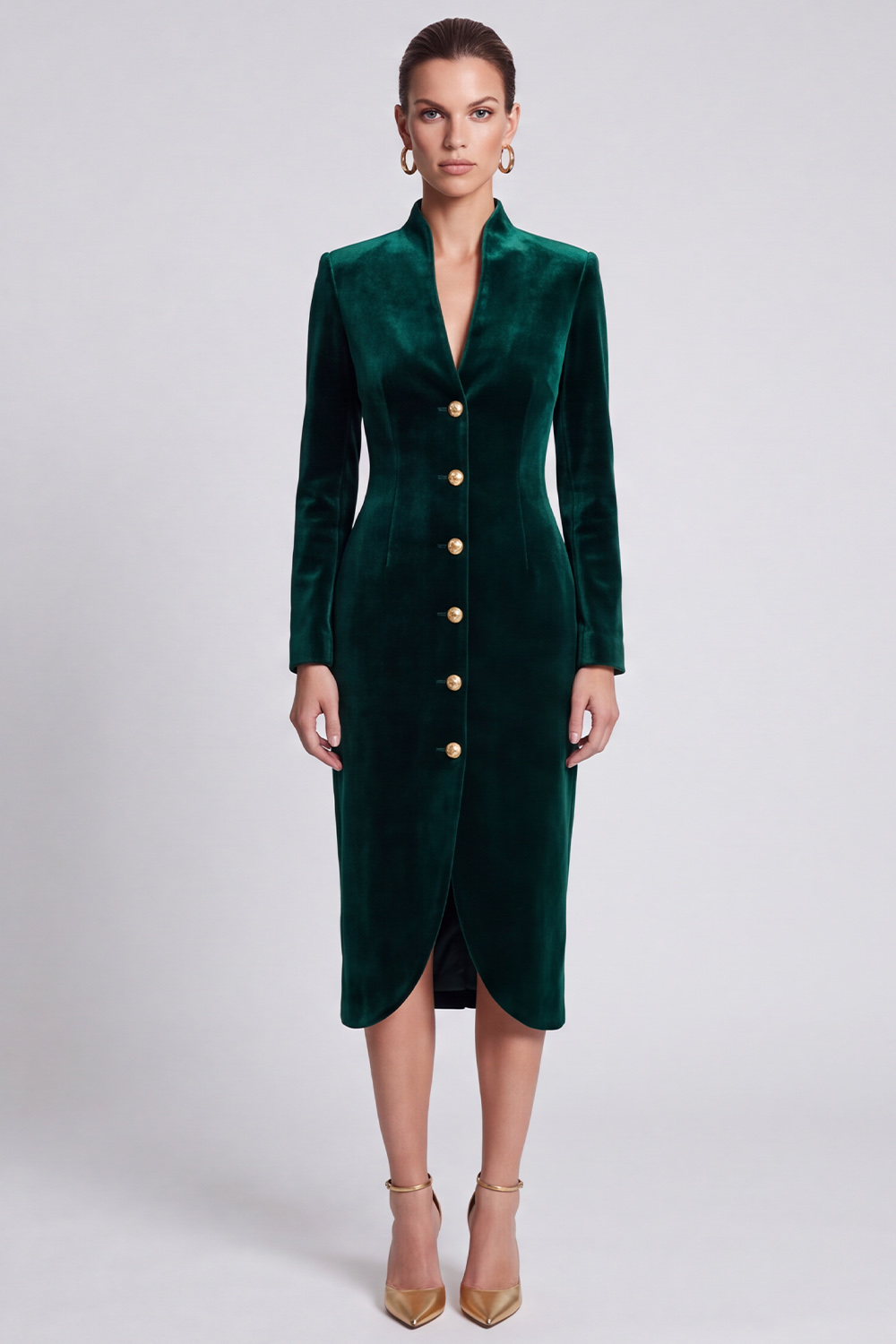 Dark Green Velvet Bodycon V-Neck Midi Work Dress with Slit