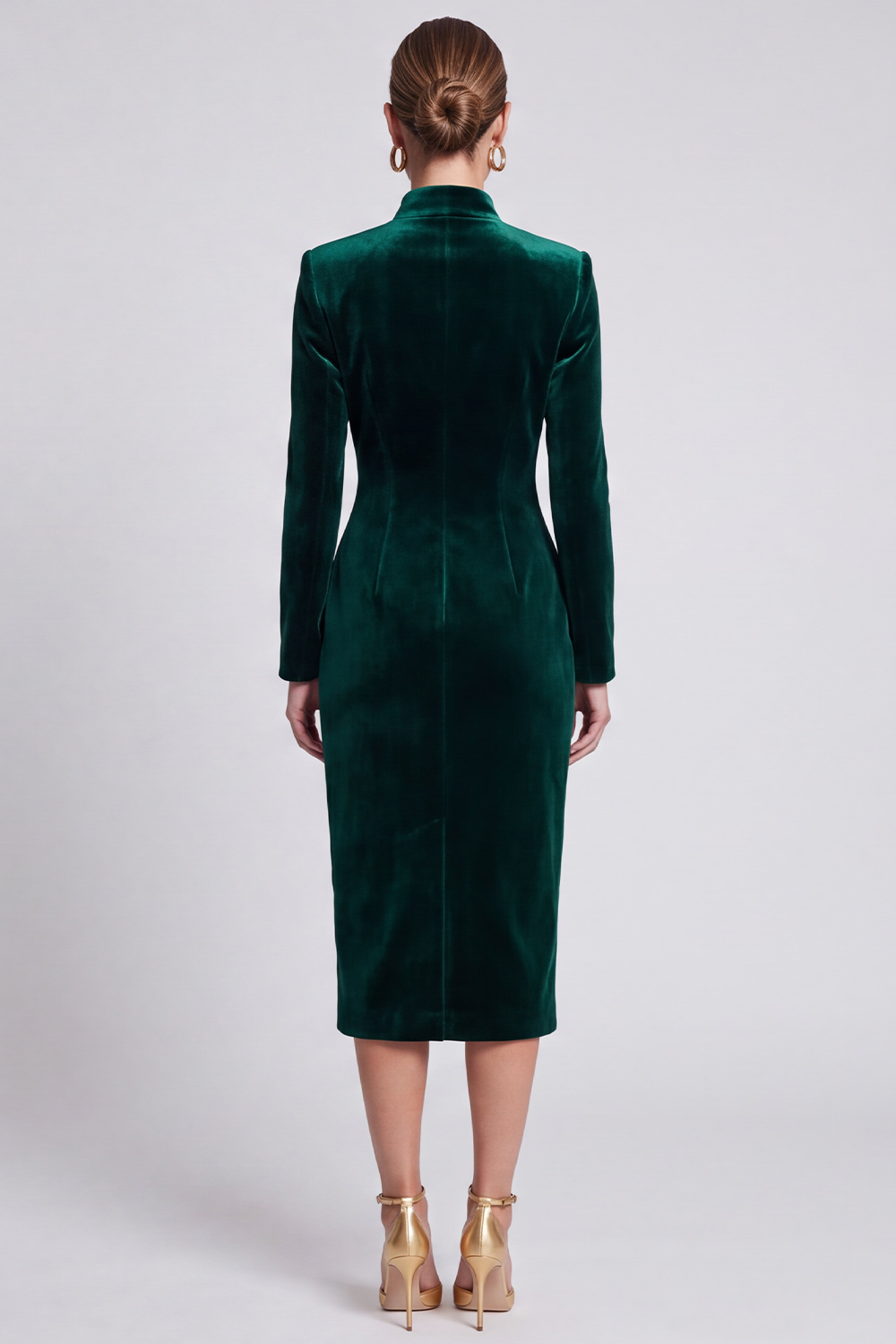 Dark Green Velvet Bodycon V-Neck Midi Work Dress with Slit