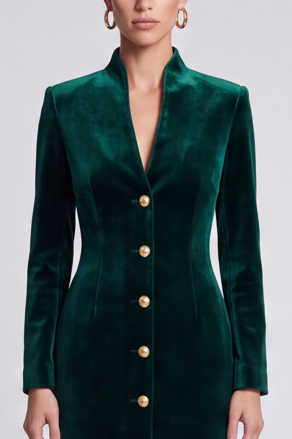 Dark Green Velvet Bodycon V-Neck Midi Work Dress with Slit