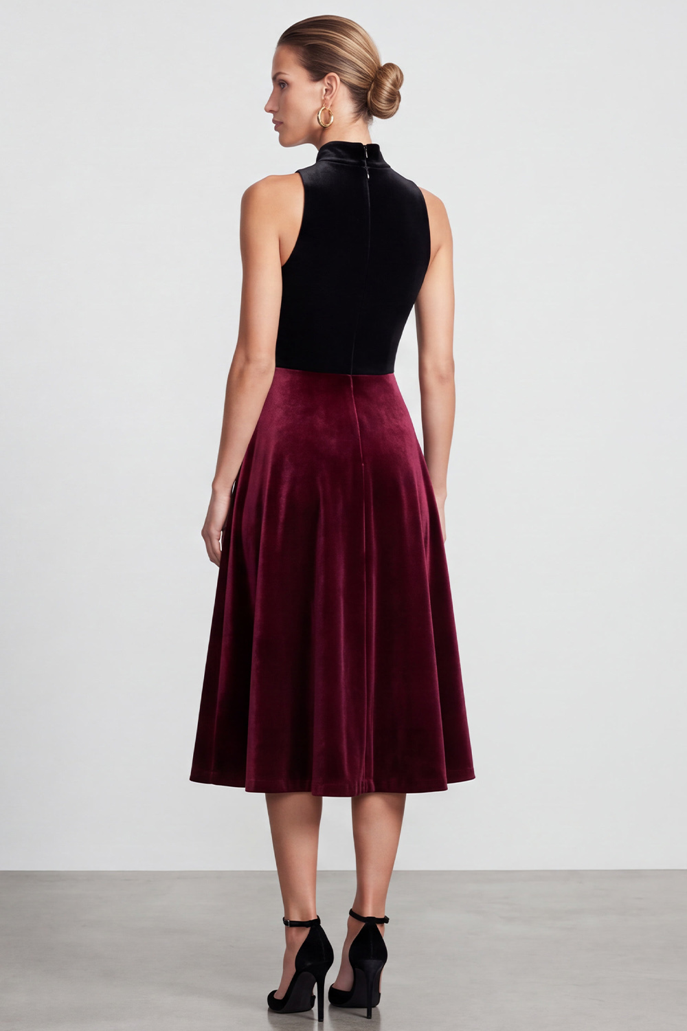 Velvet Black and Burgundy A Line High Neck Midi Work Dress