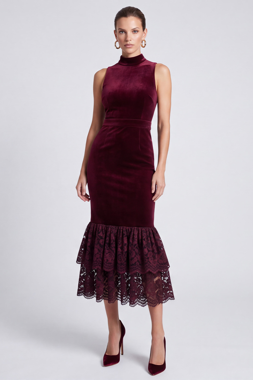 midi work holiday party dress Dresstells Women Burgundy Ruffled with Lace Velvet Tiered Bodycon High Neck Sleeveless Dress Season 24SPRNG