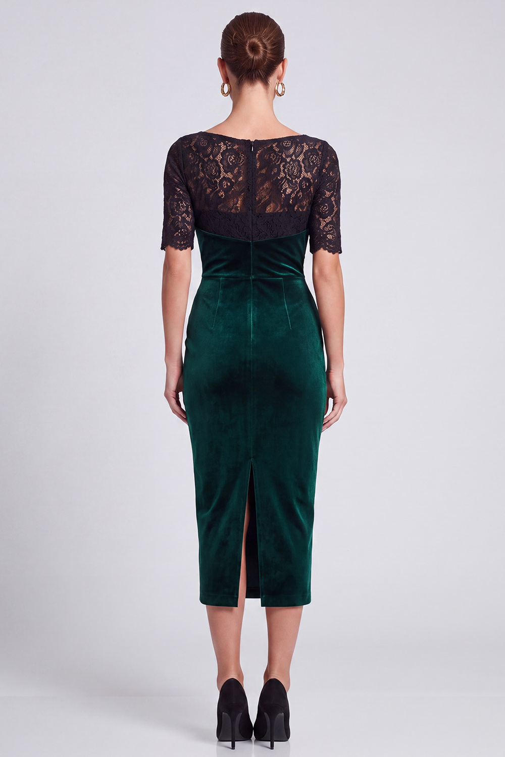 Black and Dark Green Ruched Sheath Boat Neck Midi Work Dress with Lace