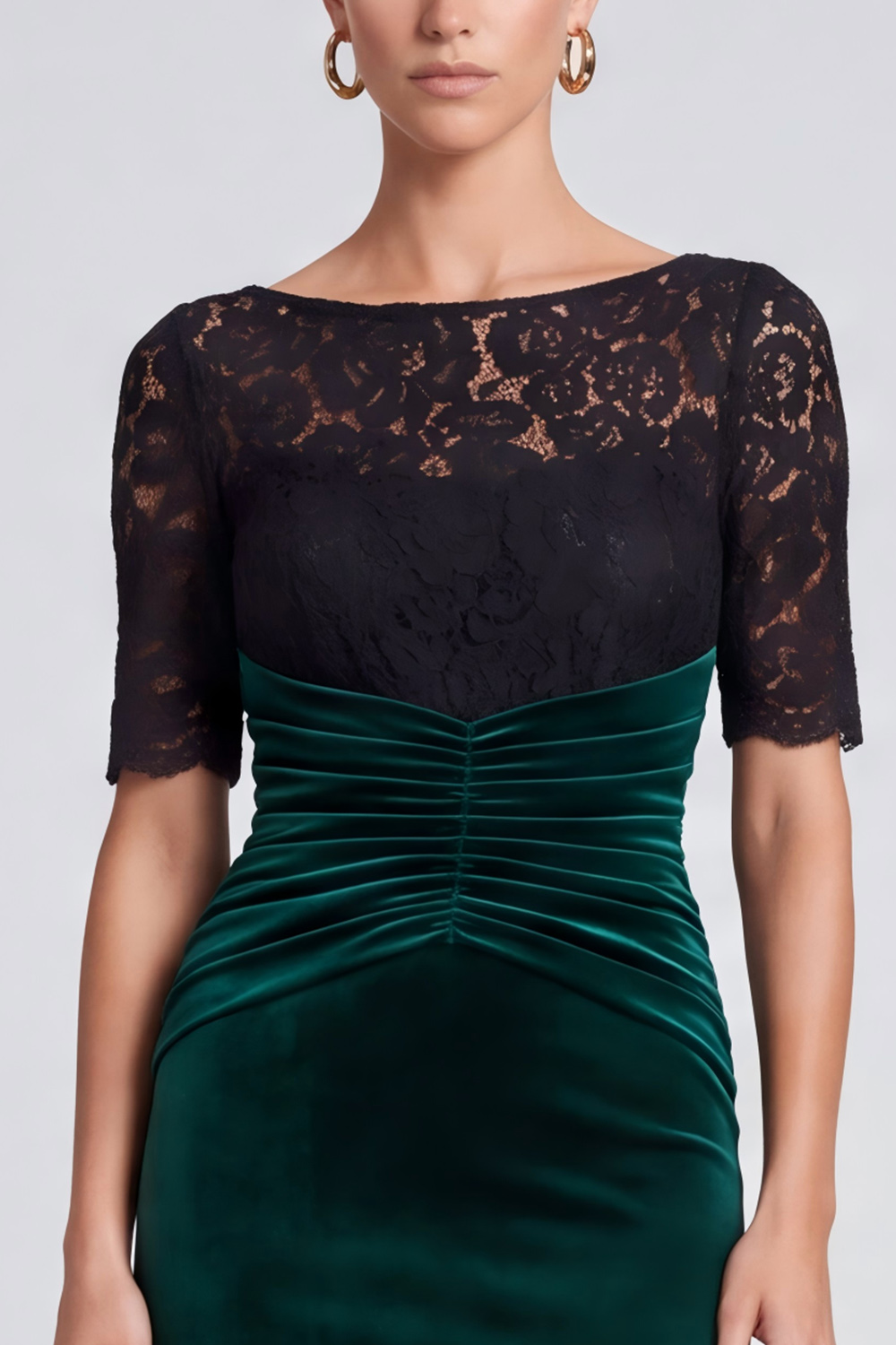 Black and Dark Green Ruched Sheath Boat Neck Midi Work Dress with Lace