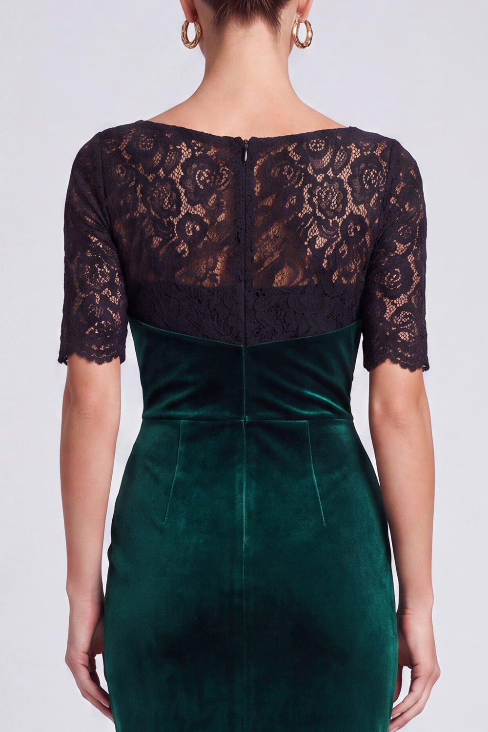 Black and Dark Green Ruched Sheath Boat Neck Midi Work Dress with Lace
