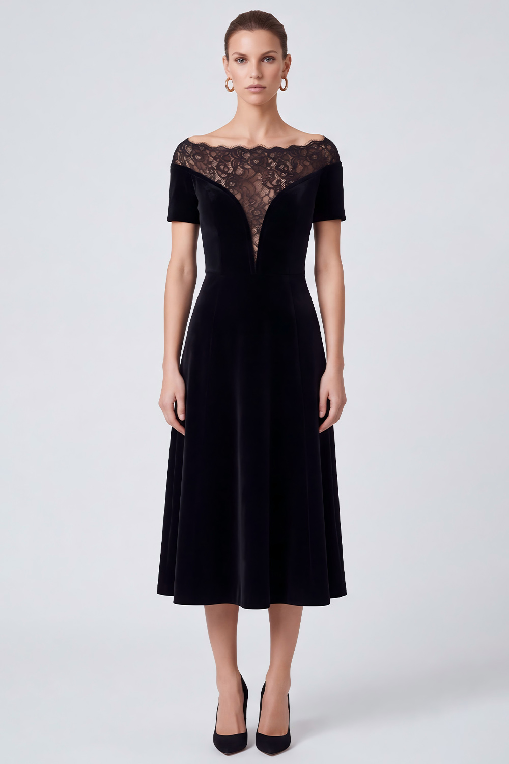 Velvet Black A Line Illusion Bateau Neck Midi Work Dress with Lace
