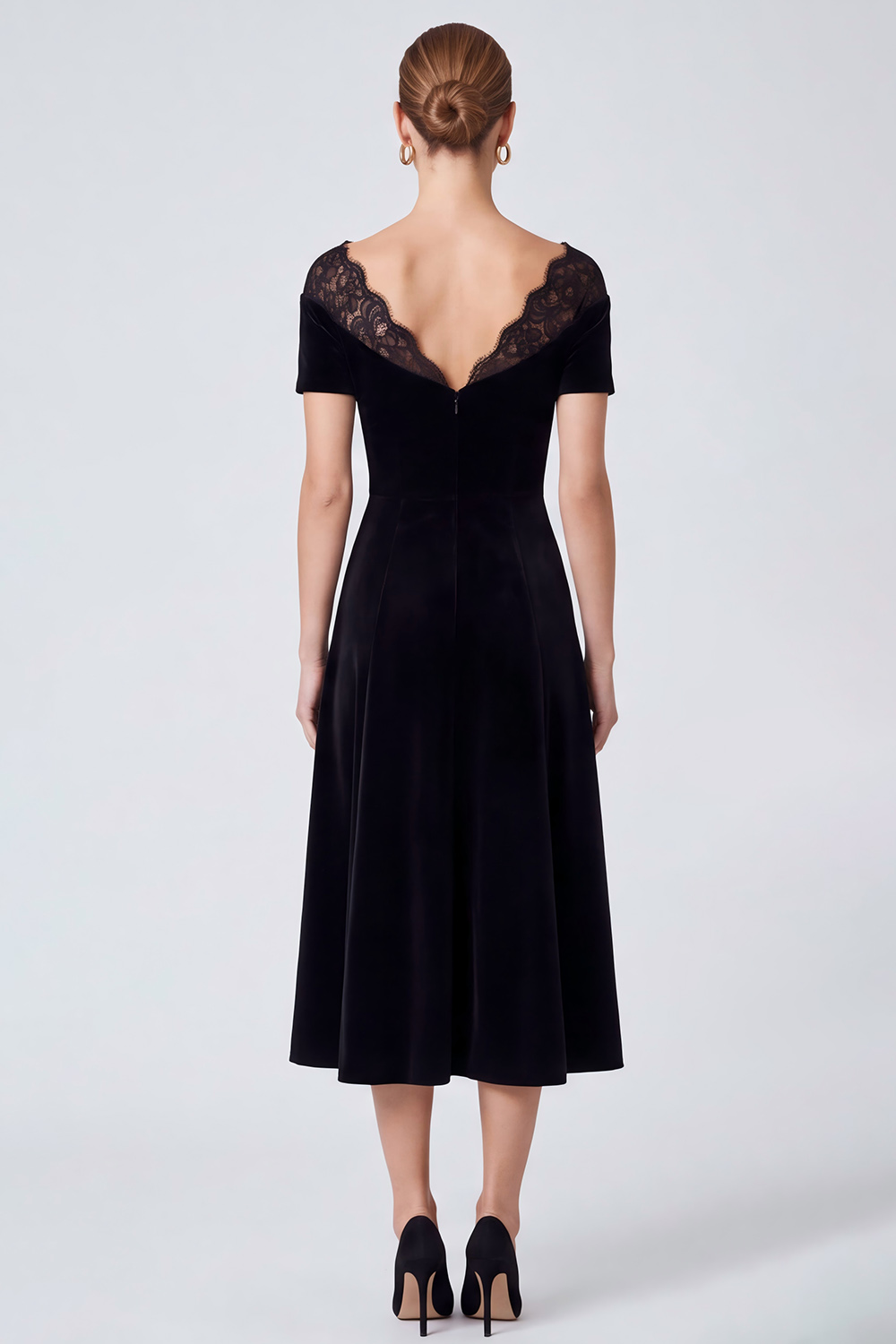 Velvet Black A Line Illusion Bateau Neck Midi Work Dress with Lace