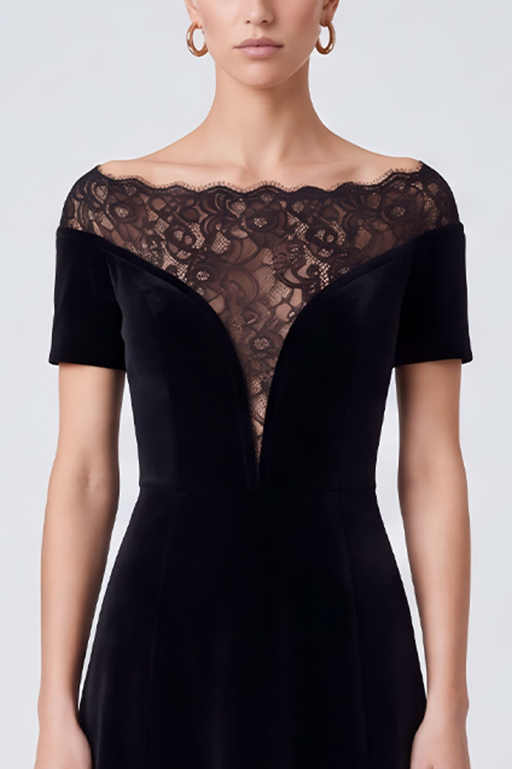 Velvet Black A Line Illusion Bateau Neck Midi Work Dress with Lace