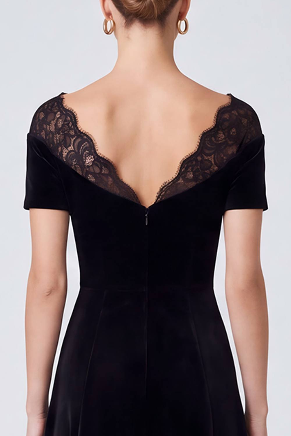 Velvet Black A Line Illusion Bateau Neck Midi Work Dress with Lace
