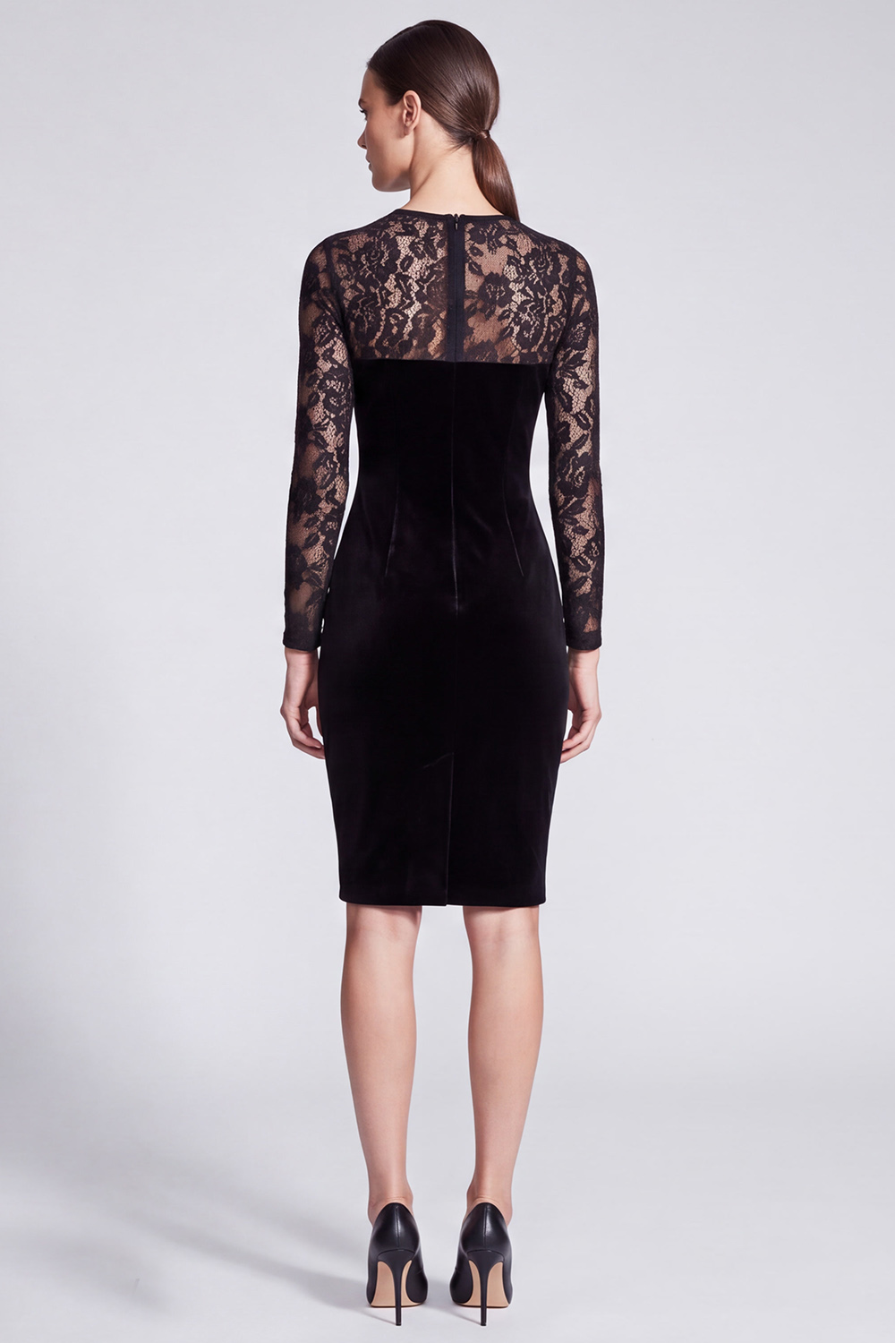 Black Velvet Bodycon Round Neck Midi Work Dress with Lace