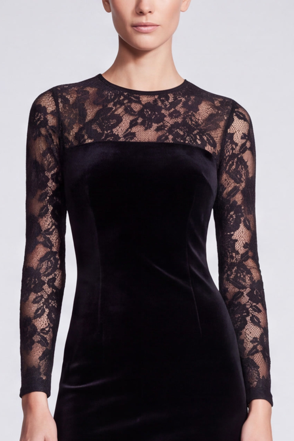 Black Velvet Bodycon Round Neck Midi Work Dress with Lace