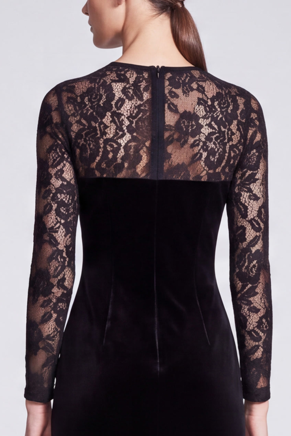 Black Velvet Bodycon Round Neck Midi Work Dress with Lace