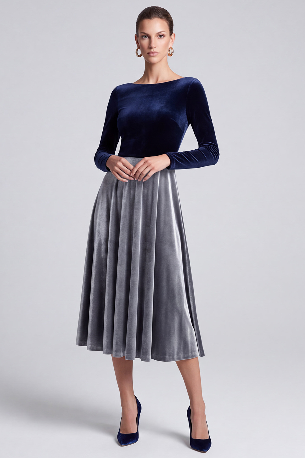 Velvet Navy and Grey A Line Boat Neck Midi Work Dress