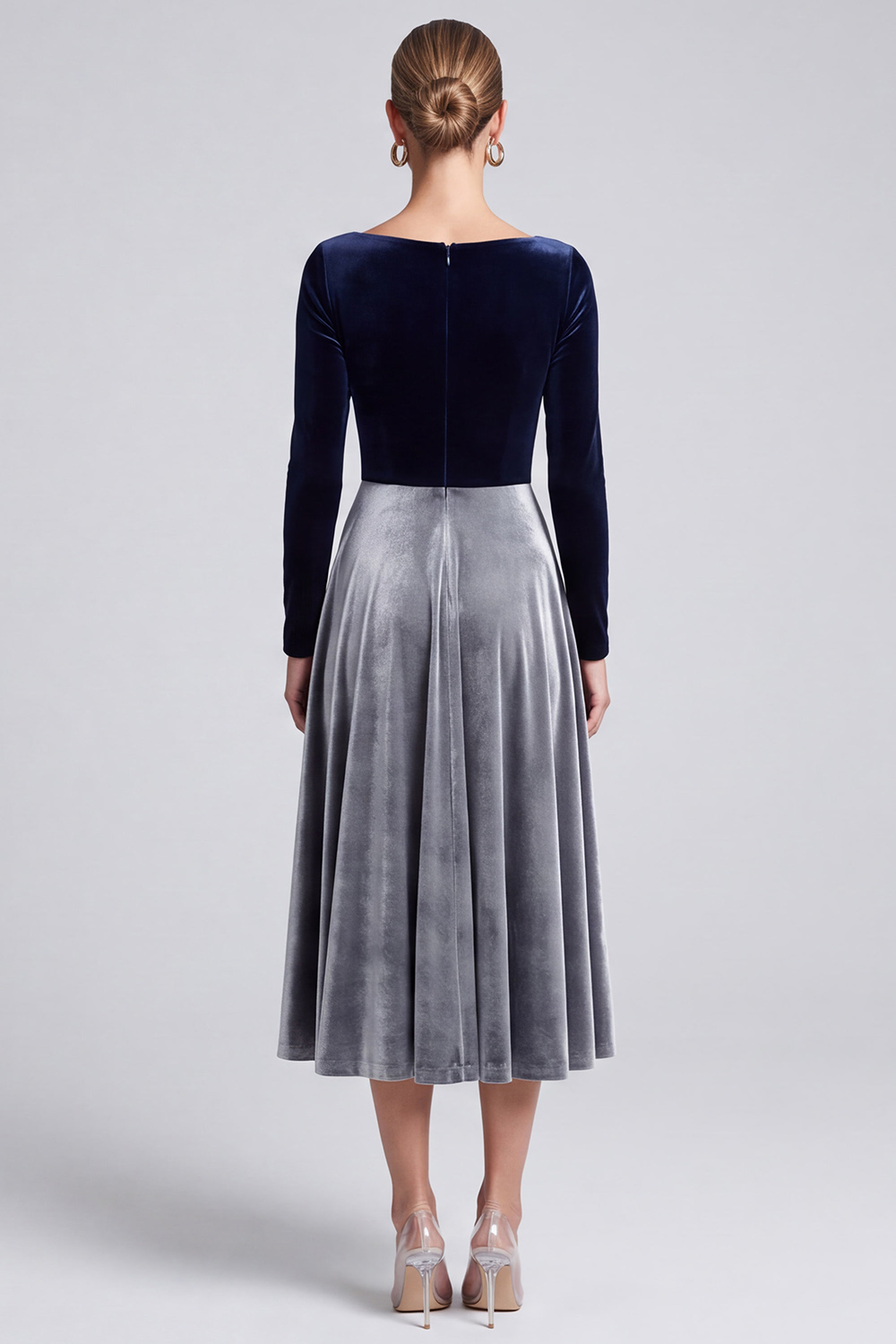 Velvet Navy and Grey A Line Boat Neck Midi Work Dress