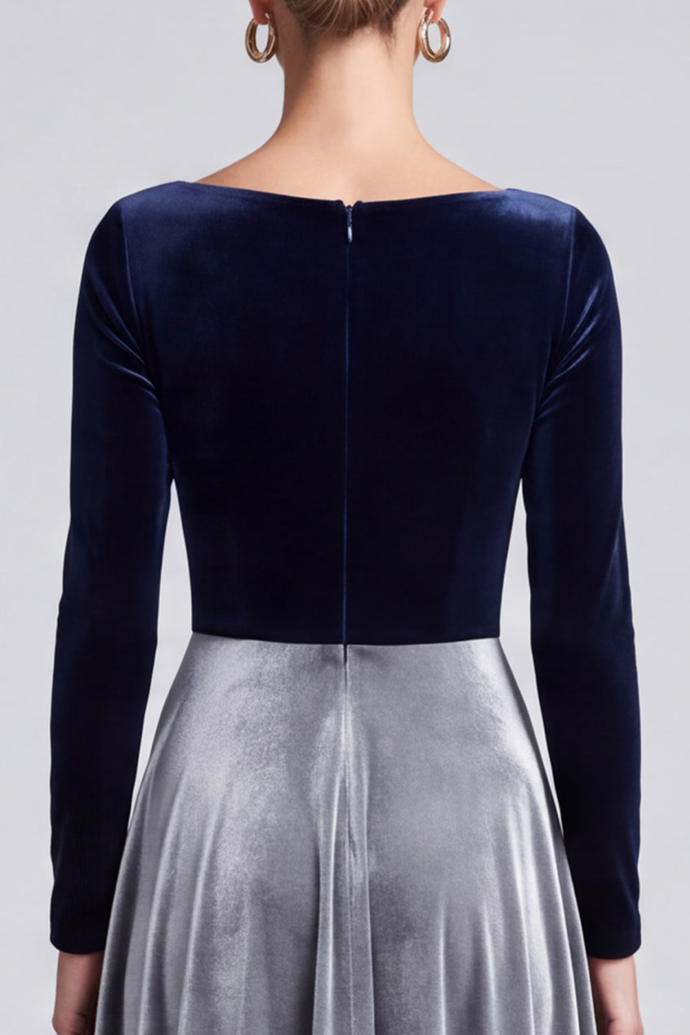 Velvet Navy and Grey A Line Boat Neck Midi Work Dress