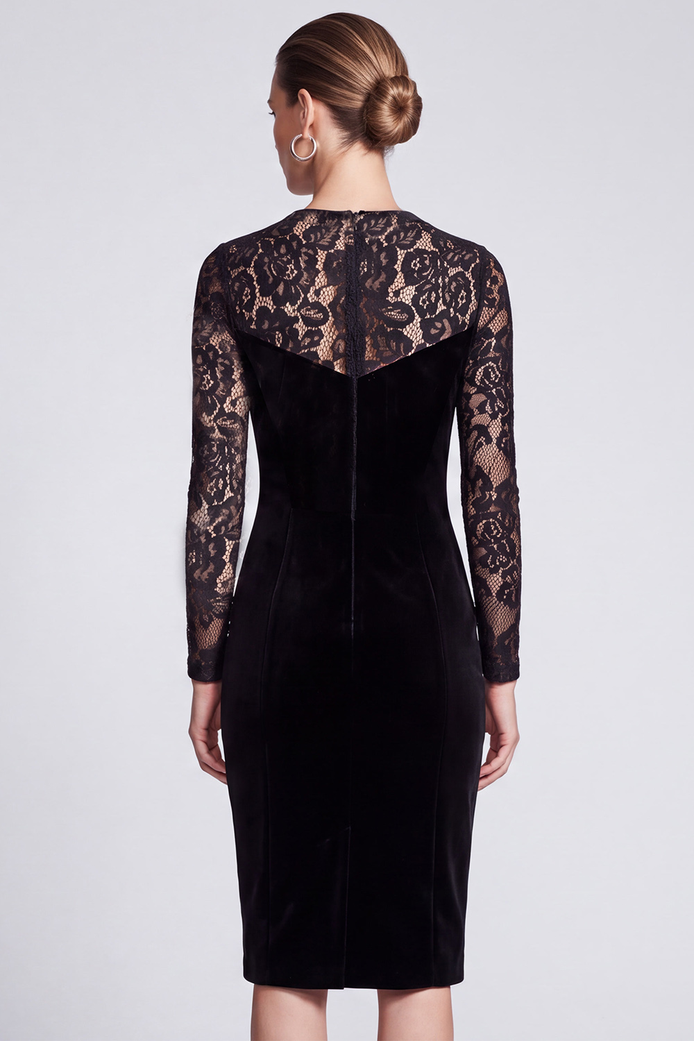 Bodycon Black Velvet Round Neck Midi Work Dress with Lace