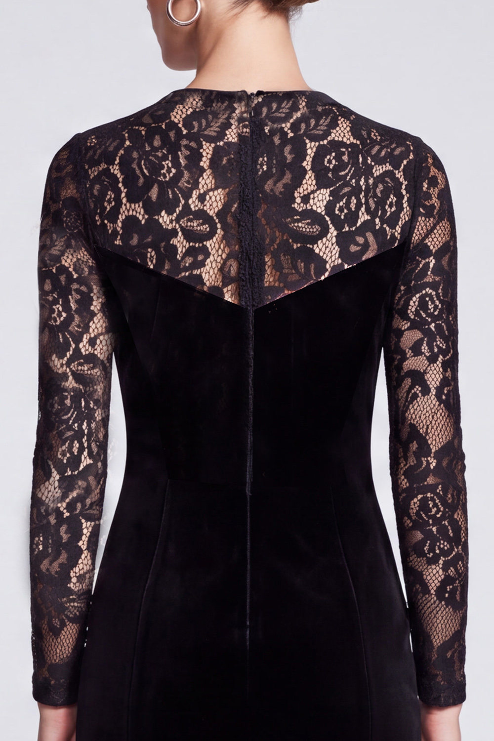 Bodycon Black Velvet Round Neck Midi Work Dress with Lace