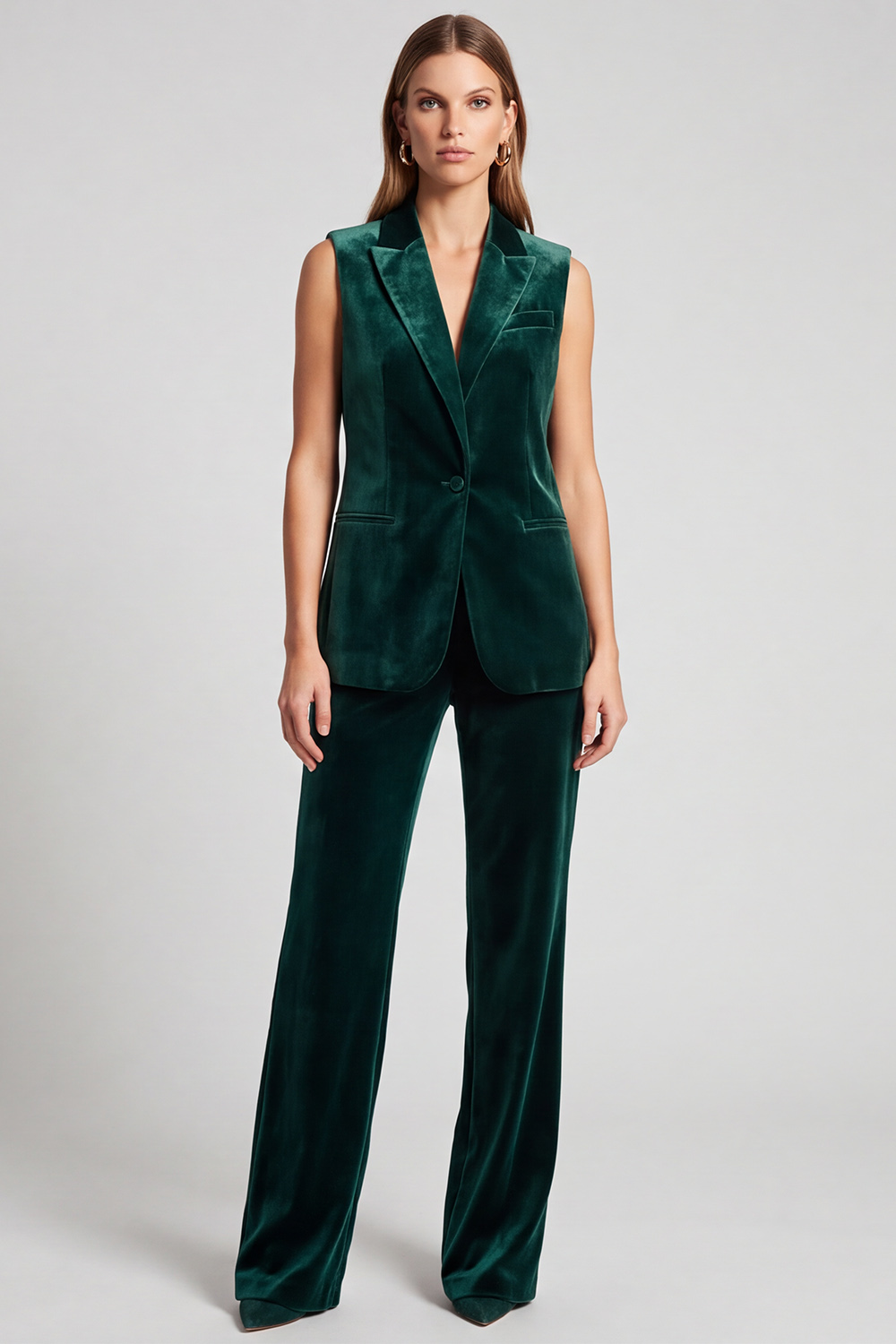 Dark Green Peak Lapel Velvet Blazer Sleeveless Business Suits