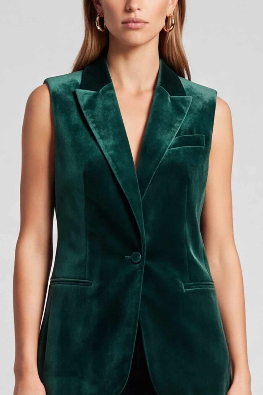 Dark Green Peak Lapel Velvet Blazer Sleeveless Business Suits