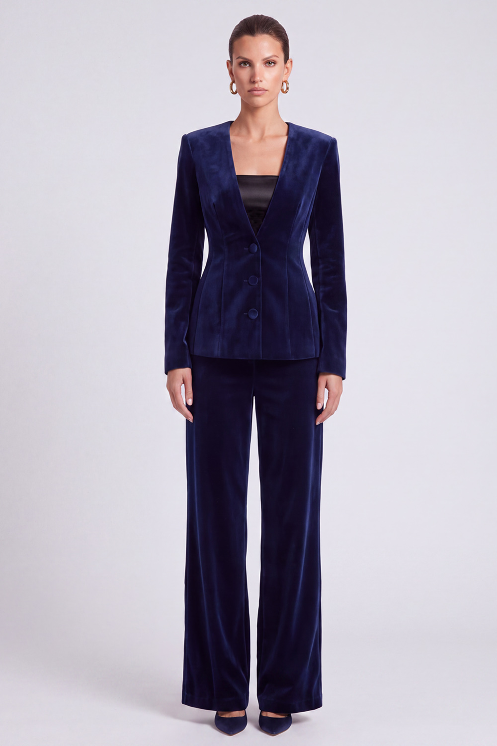 Navy Velvet V-Neck Long Sleeves Blazer Business Suits
