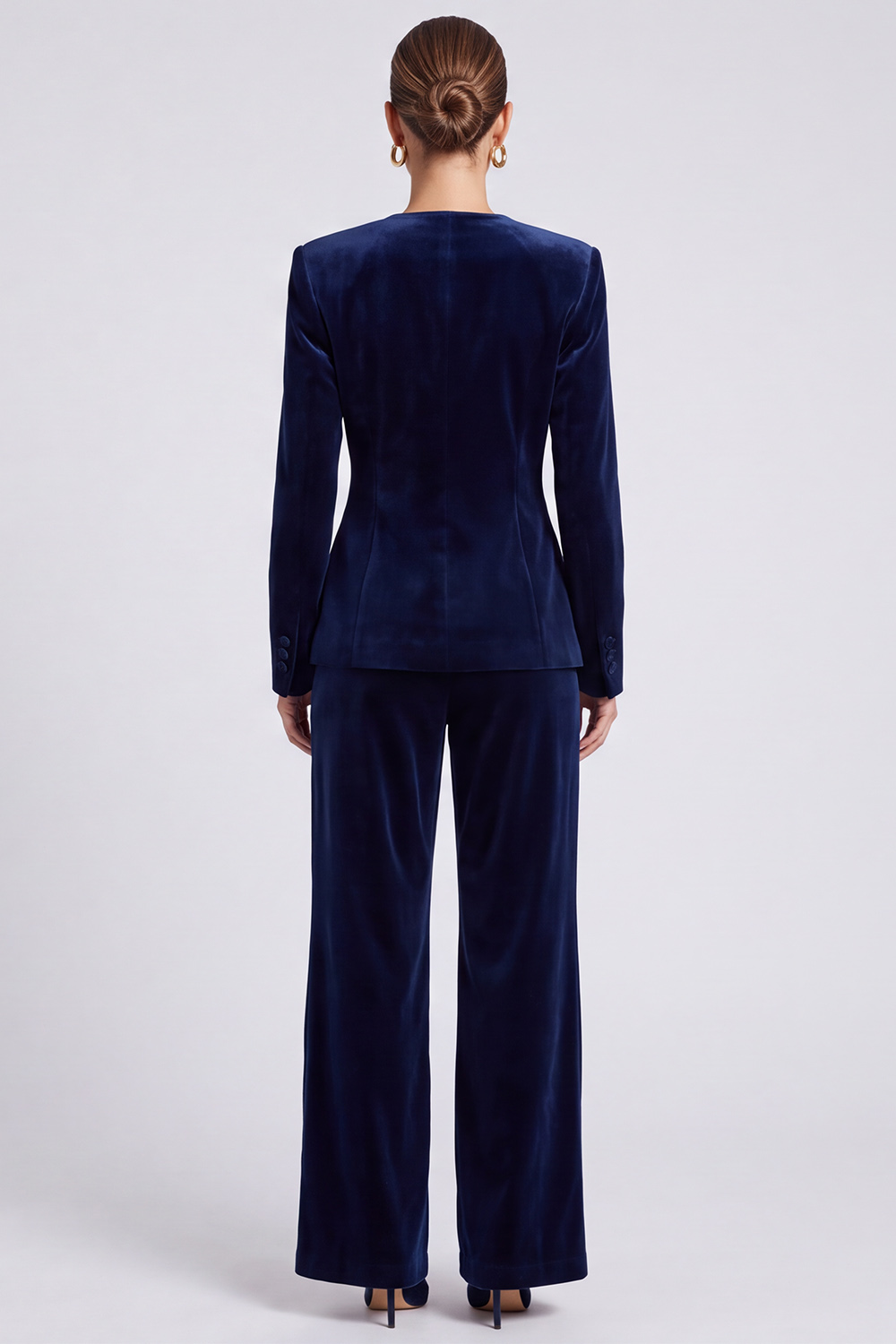 Navy Velvet V-Neck Long Sleeves Blazer Business Suits