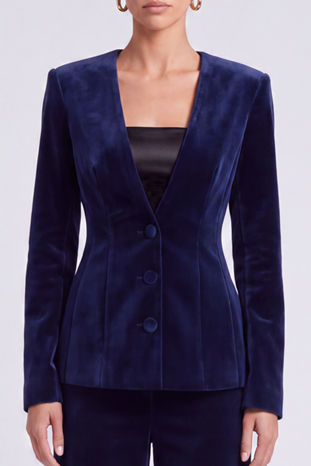 Navy Velvet V-Neck Long Sleeves Blazer Business Suits