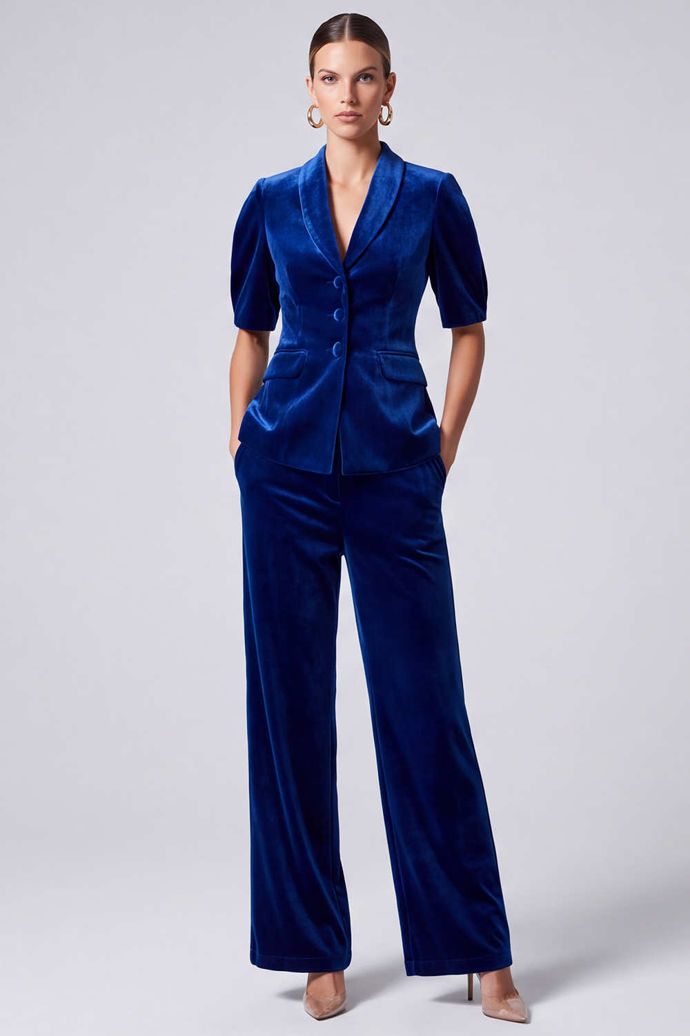 Velvet Royal Blue Shawl Lapel Puff Sleeves Blazer Business Suits