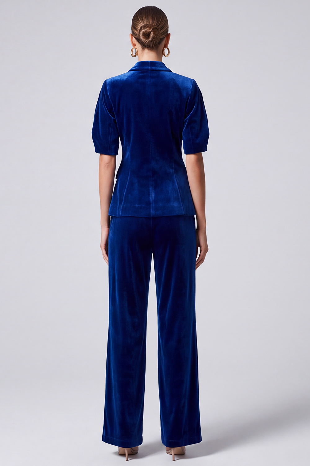 Velvet Royal Blue Shawl Lapel Puff Sleeves Blazer Business Suits