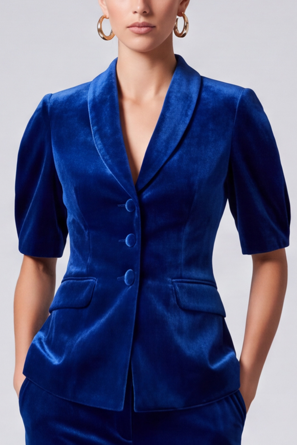 Velvet Royal Blue Shawl Lapel Puff Sleeves Blazer Business Suits