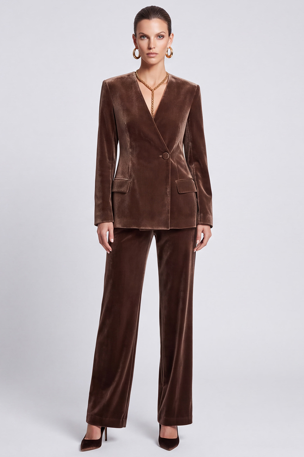 Brown V-Neck Velvet Two Piece Long Sleeves Business Suits
