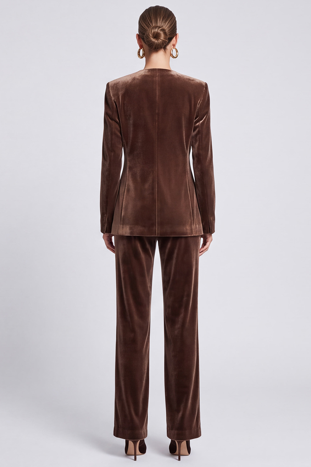 Brown V-Neck Velvet Two Piece Long Sleeves Business Suits