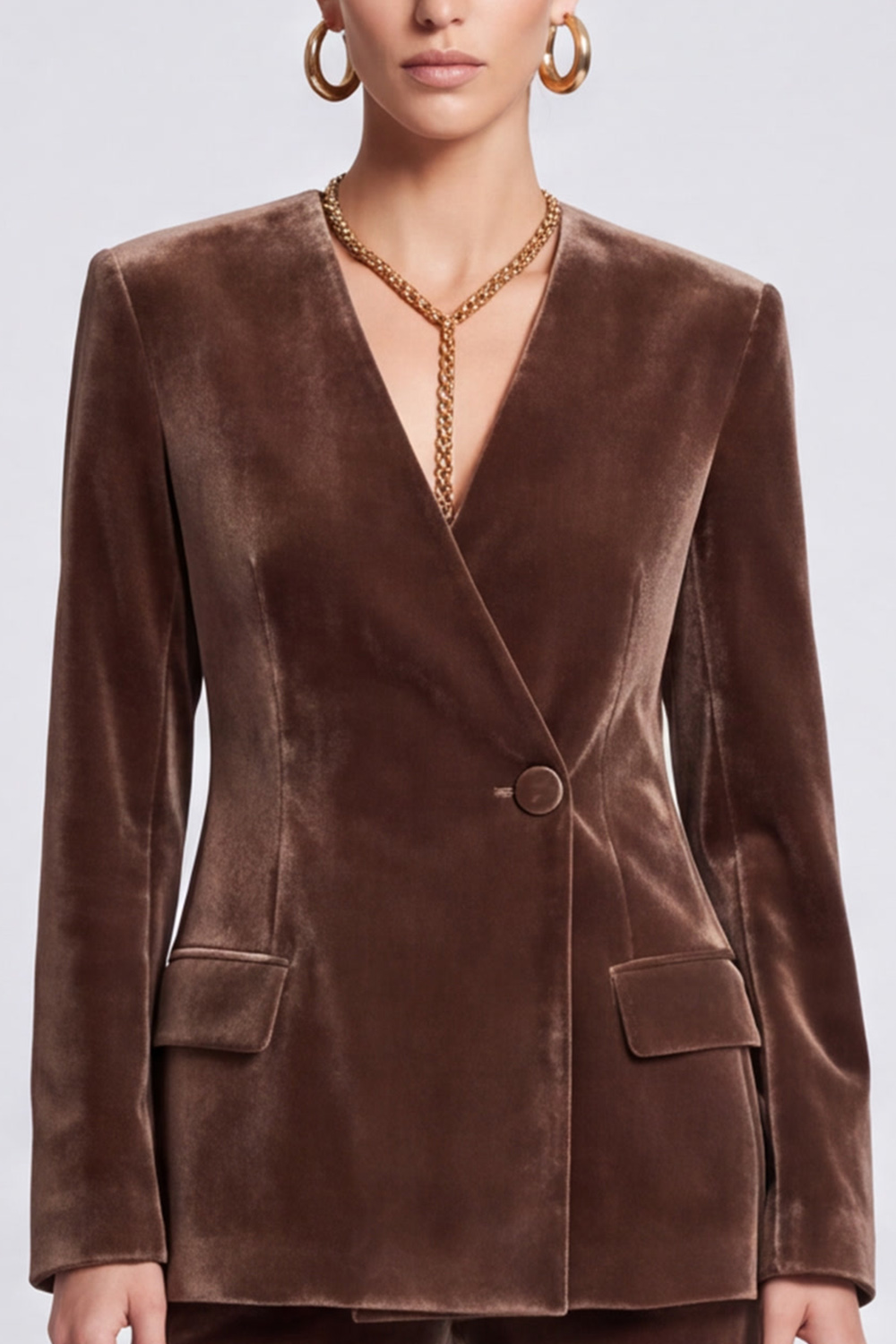 Brown V-Neck Velvet Two Piece Long Sleeves Business Suits